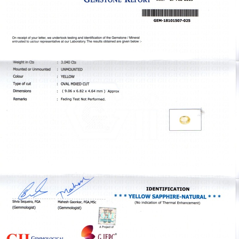 3.04 Ct GII Certified Unheated Untreated Natural Ceylon Yellow Sapphire