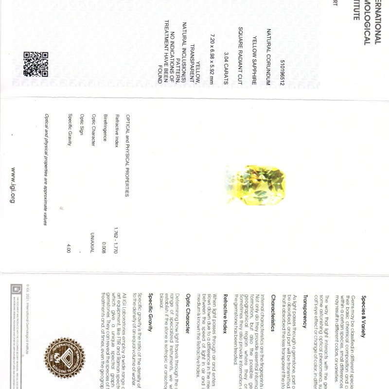 3.04 Ct IGI Certified Unheated Untreated Natural Ceylon Yellow Sapphire AAA