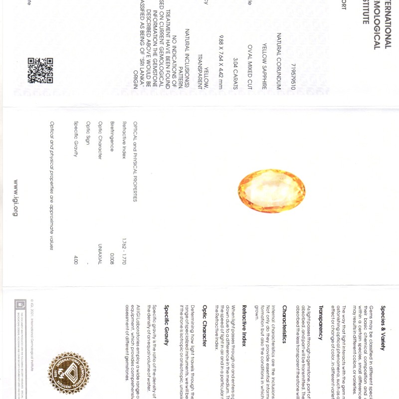 3.04 Ct IGI Certified Unheated Untreated Natural Ceylon Yellow Sapphire 3.04 Ct IGI Certified Unheated Untreated Natural Ceylon Yellow Sapphire