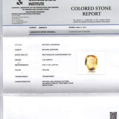 3.04 Ct IGI Certified Unheated Untreated Natural Ceylon Yellow Sapphire 3.04 Ct IGI Certified Unheated Untreated Natural Ceylon Yellow Sapphire