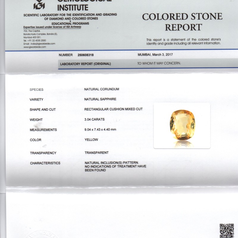3.04 Ct IGI Certified Unheated Untreated Natural Ceylon Yellow Sapphire 3.04 Ct IGI Certified Unheated Untreated Natural Ceylon Yellow Sapphire