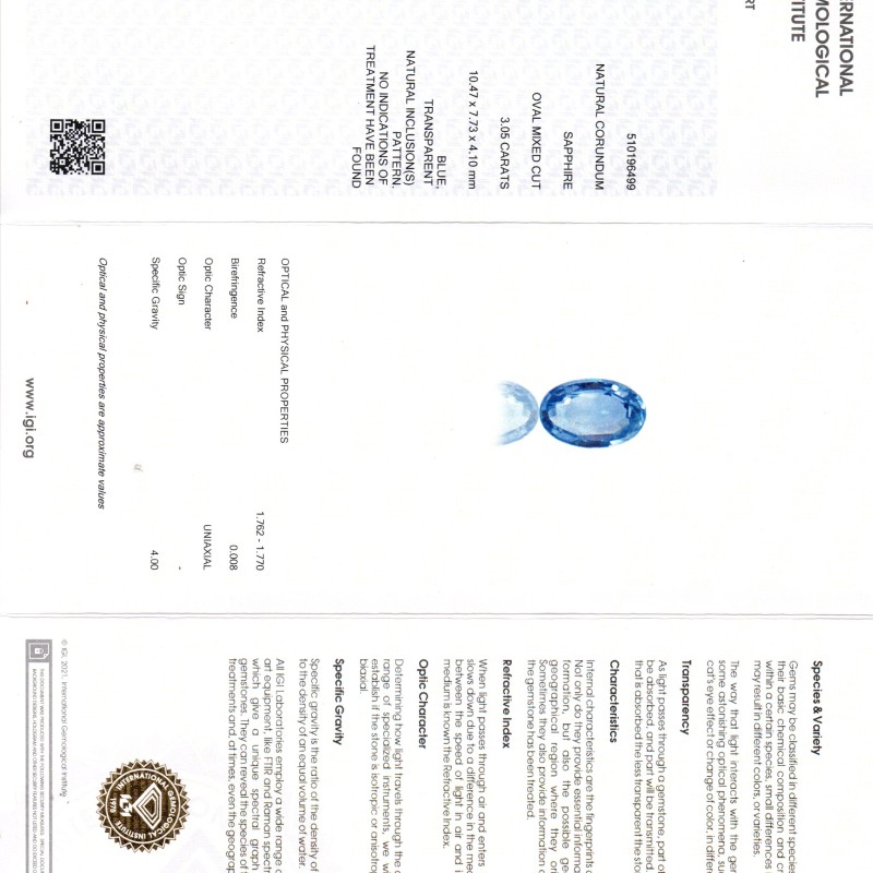 3.05 Ct IGI Certified Unheated Untreated Natural Ceylon Blue Sapphire AAA 3.05 Ct IGI Certified Unheated Untreated Natural Ceylon Blue Sapphire AAA