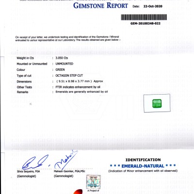 3.05 Ct GII Certified Untreated Natural Zambian Emerald Gems AAA 3.05 Ct GII Certified Untreated Natural Zambian Emerald Gems AAA