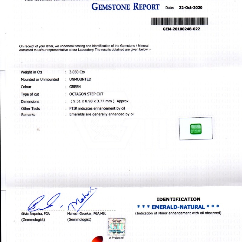 3.05 Ct GII Certified Untreated Natural Zambian Emerald Gems AAA 3.05 Ct GII Certified Untreated Natural Zambian Emerald Gems AAA