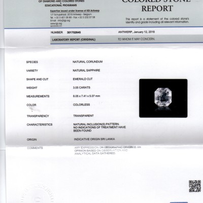 3.05 Ct Unheated Untreated IGI Certified Natural Ceylon White Sapphire
