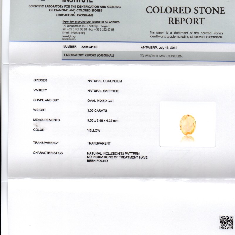 3.05 Ct IGI Certified Unheated Untreated Natural Ceylon Yellow Sapphire