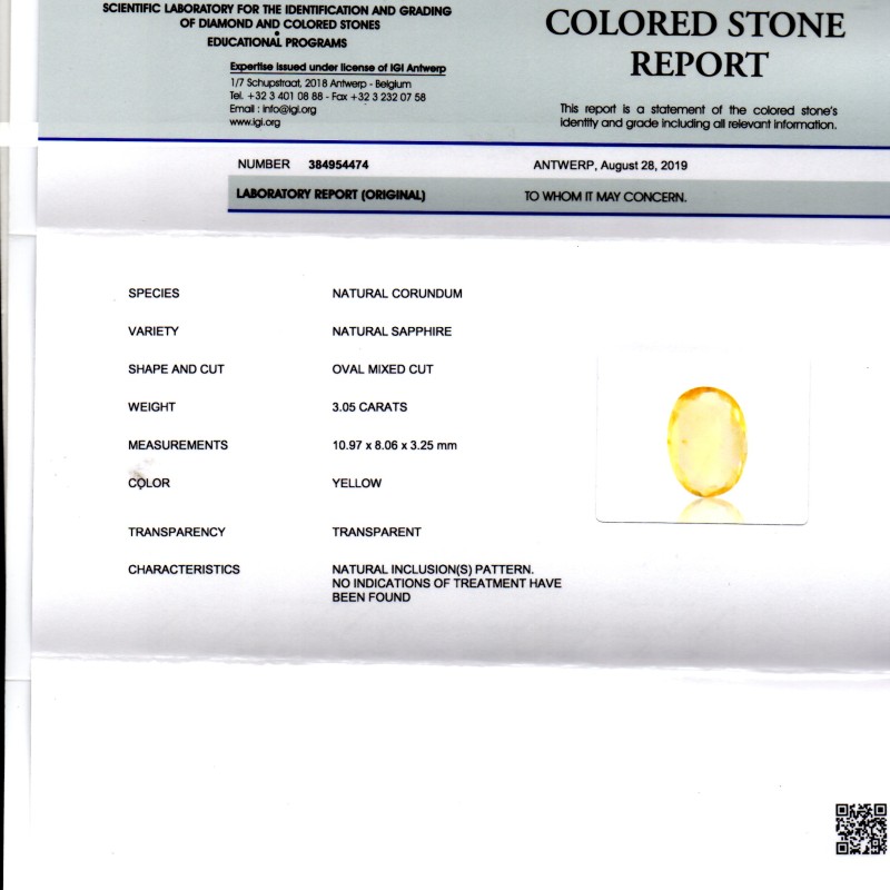 3.05 Ct IGI Certified Unheated Untreated Natural Ceylon Yellow Sapphire