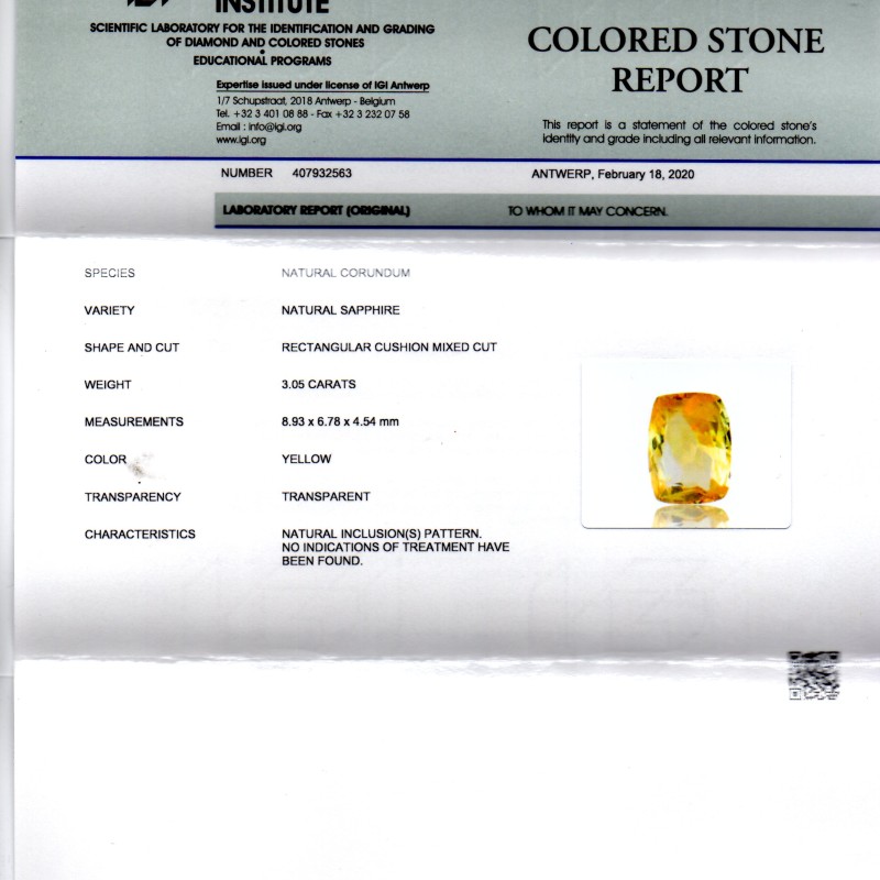 3.05 Ct IGI Certified Unheated Untreated Natural Ceylon Yellow Sapphire