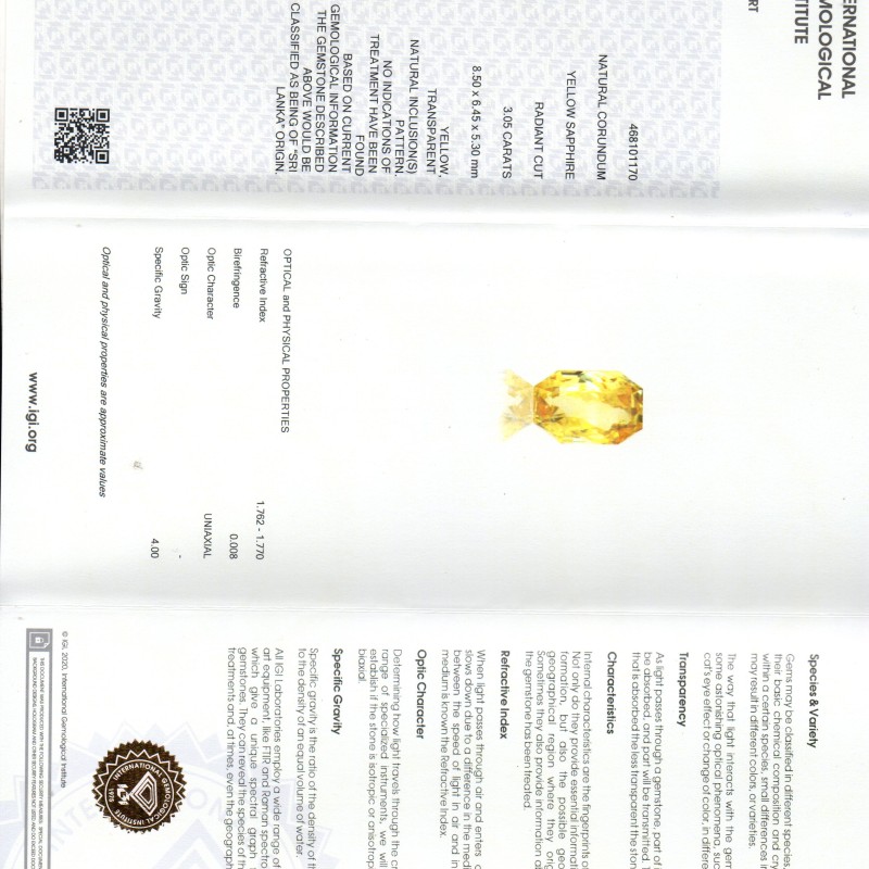3.05 Ct IGI Certified Unheated Untreated Natural Ceylon Yellow Sapphire AAAAA
