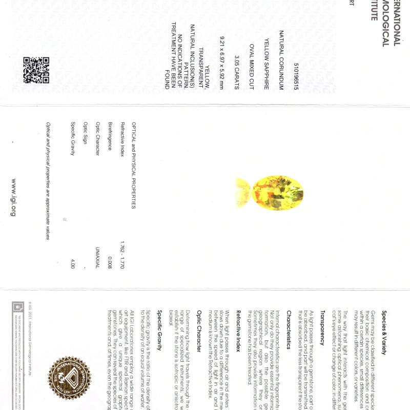 3.05 Ct IGI Certified Unheated Untreated Natural Ceylon Yellow Sapphire AAA