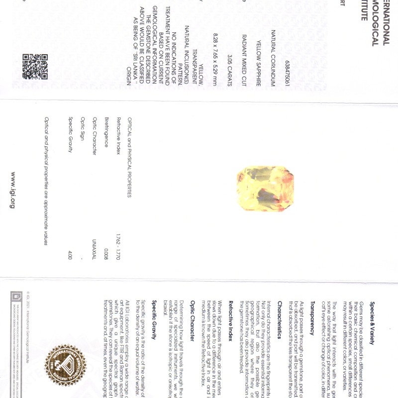3.05 Ct IGI Certified Unheated Untreated Natural Ceylon Yellow Sapphire AAAA 3.05 Ct IGI Certified Unheated Untreated Natural Ceylon Yellow Sapphire AAAA