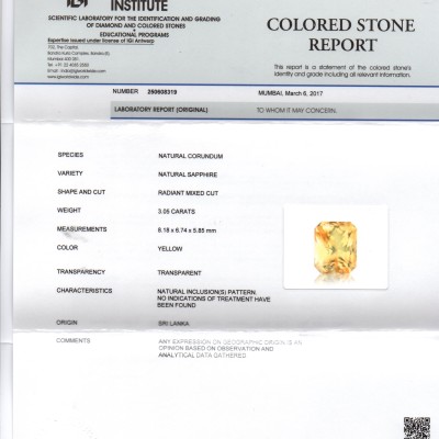 3.05 Ct IGI Certified Unheated Untreated Natural Yellow Sapphire AAAA