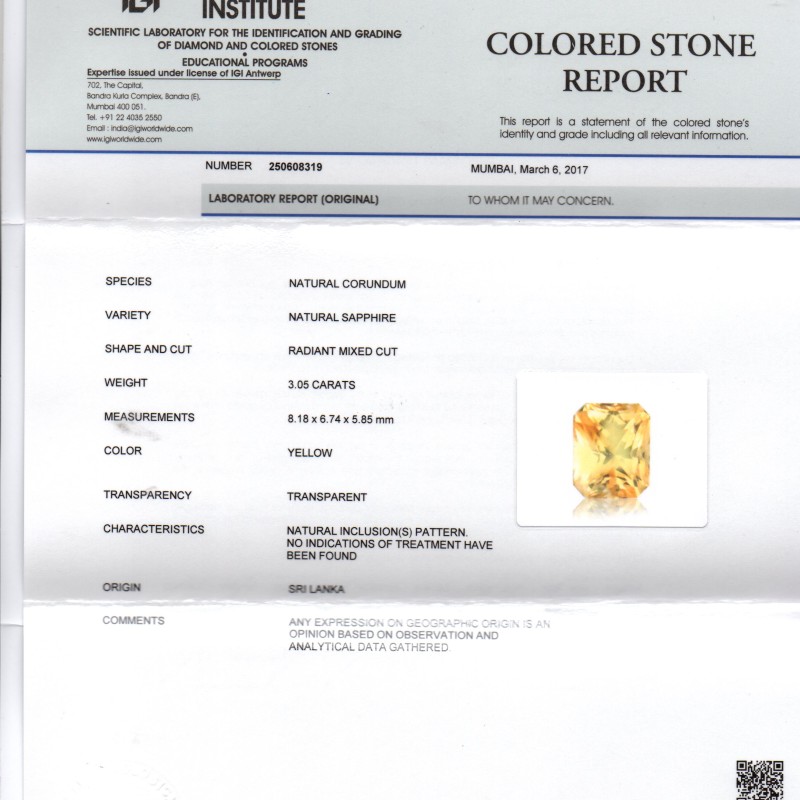 3.05 Ct IGI Certified Unheated Untreated Natural Yellow Sapphire AAAA