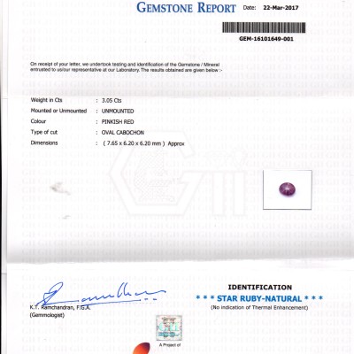 3.05 Ct Certified Unheated Untreated Natural Ceylon Star Ruby RARE 3.05 Ct Certified Unheated Untreated Natural Ceylon Star Ruby RARE