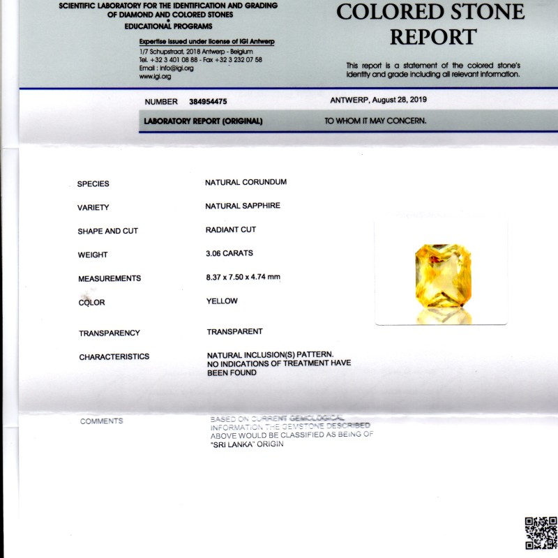 3.06 Ct IGI Certified Unheated Untreated Ceylon Yellow Sapphire AAAAA