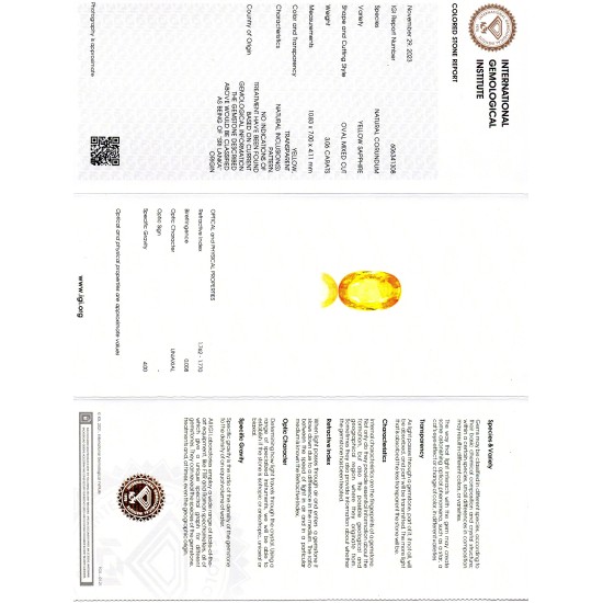 3.06 Ct IGI Certified Unheated Untreated Natural Ceylon Yellow Sapphire AA