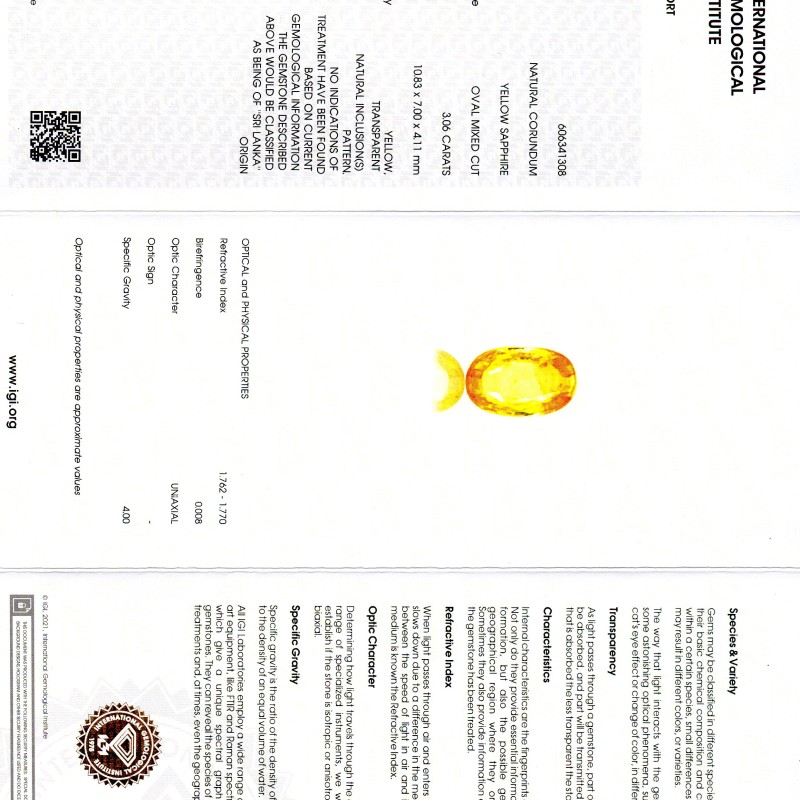 3.06 Ct IGI Certified Unheated Untreated Natural Ceylon Yellow Sapphire AA 3.06 Ct IGI Certified Unheated Untreated Natural Ceylon Yellow Sapphire AA