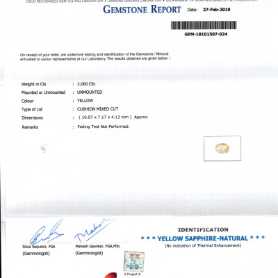 3.06 Ct GII Certified Unheated Untreated Natural Ceylon Yellow Sapphire 3.06 Ct GII Certified Unheated Untreated Natural Ceylon Yellow Sapphire