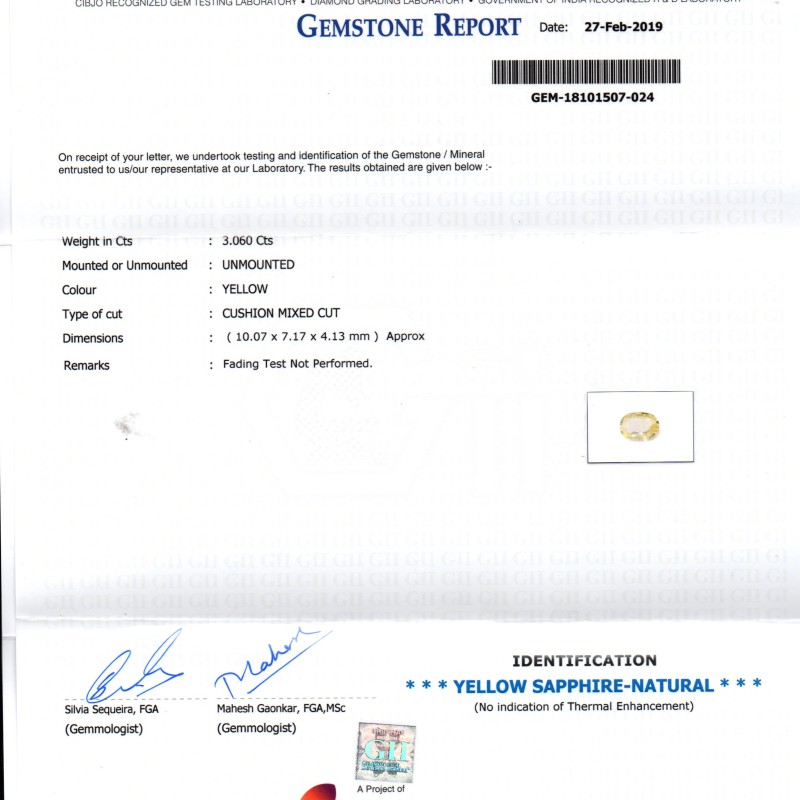 3.06 Ct GII Certified Unheated Untreated Natural Ceylon Yellow Sapphire 3.06 Ct GII Certified Unheated Untreated Natural Ceylon Yellow Sapphire