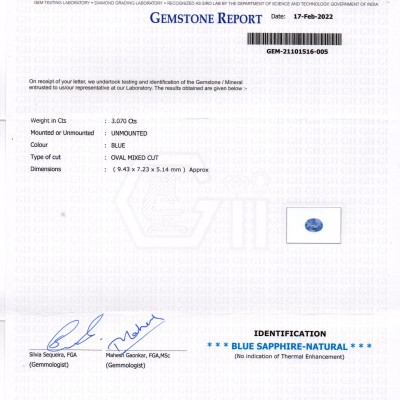 3.07 Ct GII Certified Unheated Untreated Natural Ceylon Blue Sapphire AAA