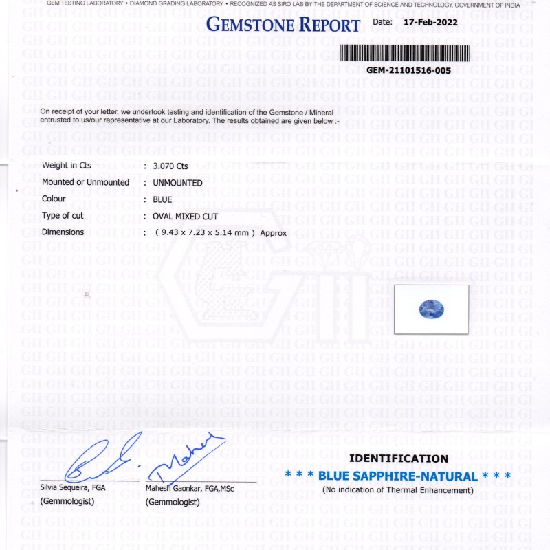 3.07 Ct GII Certified Unheated Untreated Natural Ceylon Blue Sapphire AAA
