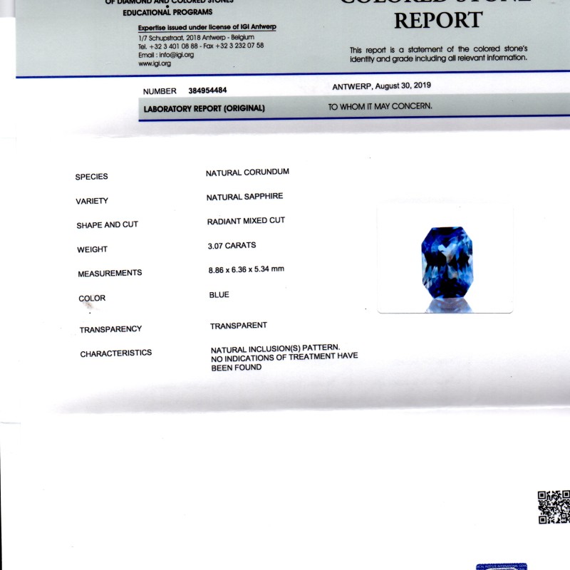 3.07 Ct IGI Certified Unheated Untreated Natural Ceylon Blue Sapphire AAA 3.07 Ct IGI Certified Unheated Untreated Natural Ceylon Blue Sapphire AAA