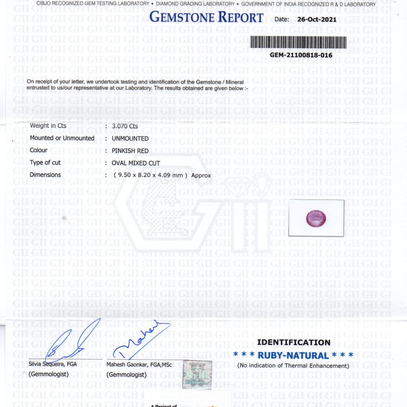 3.07 Ct GII Certified Unheated Untreted Natural Madagaskar Ruby Gems 3.07 Ct GII Certified Unheated Untreted Natural Madagaskar Ruby Gems