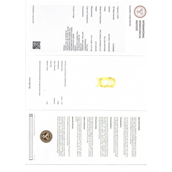 3.07 Ct IGI Certified Unheated Untreated Natural Ceylon Yellow Sapphire