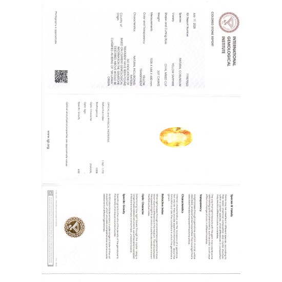 3.07 Ct IGI Certified Unheated Untreated Natural Ceylon Yellow Sapphire 3.07 Ct IGI Certified Unheated Untreated Natural Ceylon Yellow Sapphire