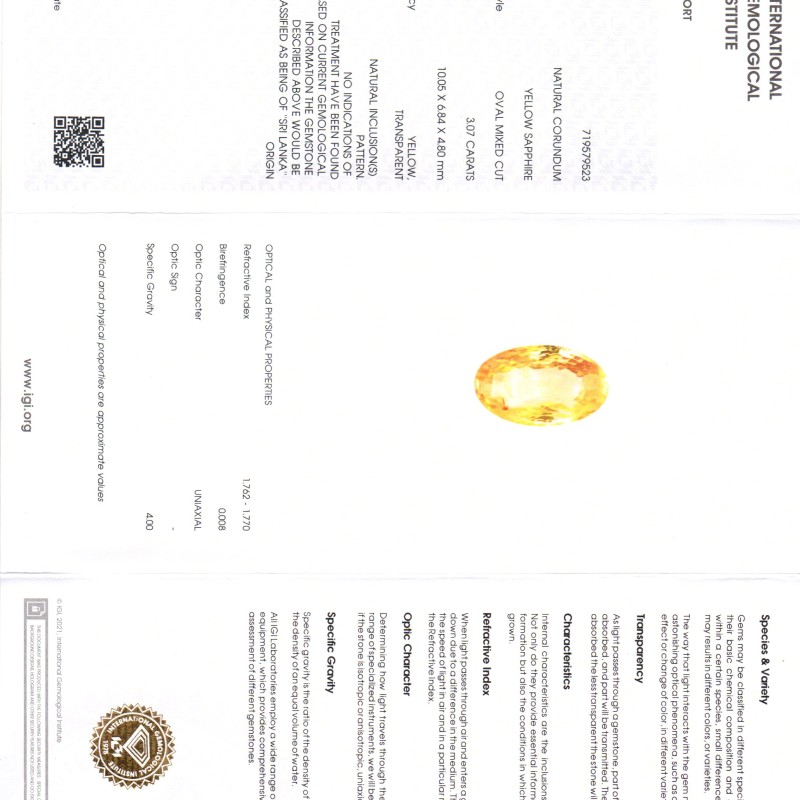 3.07 Ct IGI Certified Unheated Untreated Natural Ceylon Yellow Sapphire 3.07 Ct IGI Certified Unheated Untreated Natural Ceylon Yellow Sapphire