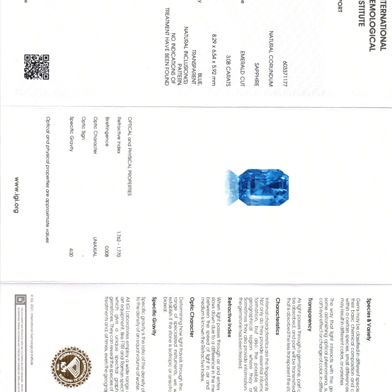 3.08 Ct IGI Certified Unheated Untreated Natural Ceylon Blue Sapphire AA