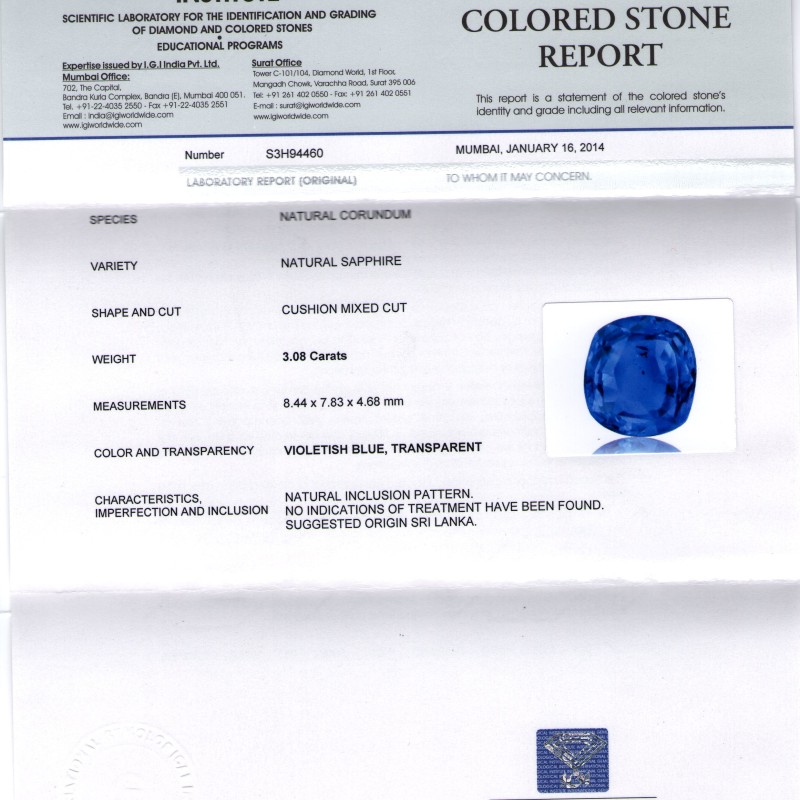 3.08 Ct IGI Certified Unheated Untreated Natural Ceylon Blue Sapphire 3.08 Ct IGI Certified Unheated Untreated Natural Ceylon Blue Sapphire