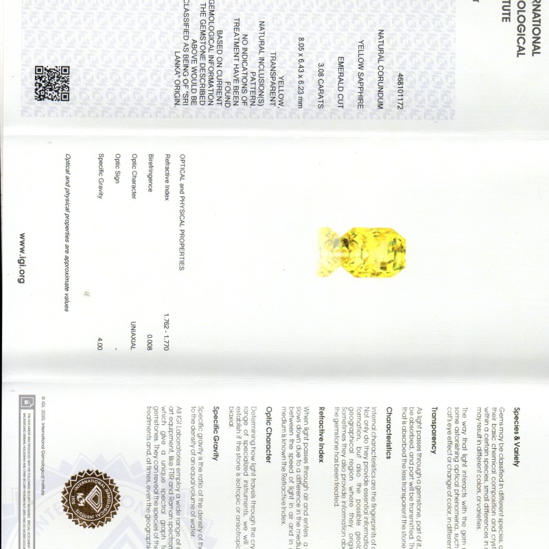 3.08 Ct IGI Certified Unheated Untreated Natural Ceylon Yellow Sapphire AAAAA