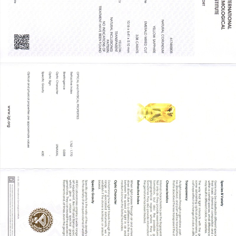 3.08 Ct IGI Certified Unheated Untreated Natural Ceylon Yellow Sapphire AAAAA