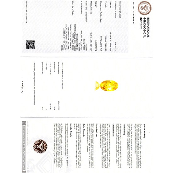 3.08 Ct IGI Certified Unheated Untreated Natural Ceylon Yellow Sapphire AA