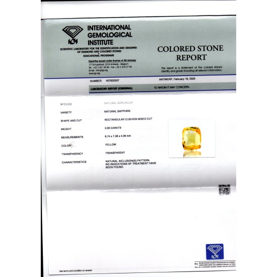 3.08 Ct IGI Certified Unheated Untreated Natural Ceylon Yellow Sapphire