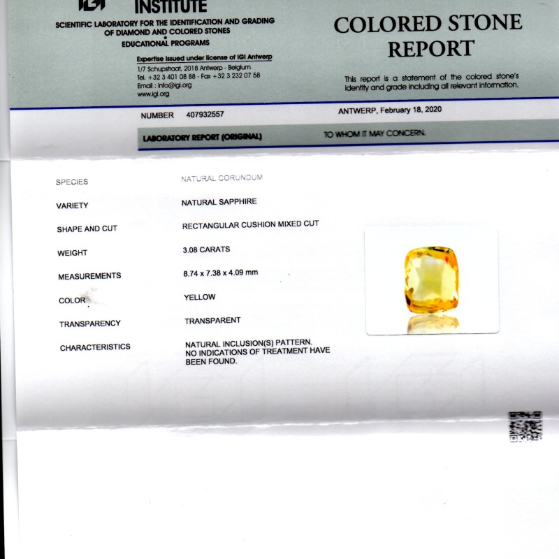 3.08 Ct IGI Certified Unheated Untreated Natural Ceylon Yellow Sapphire 3.08 Ct IGI Certified Unheated Untreated Natural Ceylon Yellow Sapphire
