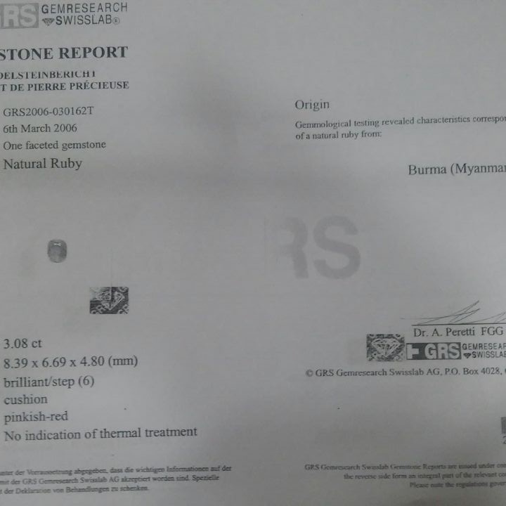 3.08 Ct GRS Certified Unheated Untreated Natural Old Burma Mines Ruby **Rare** 3.08 Ct GRS Certified Unheated Untreated Natural Old Burma Mines Ruby **Rare**