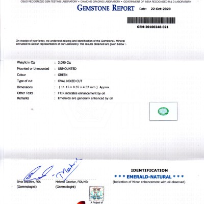 3.09 Ct GII Certified Untreated Natural Zambian Emerald Gems AAAA