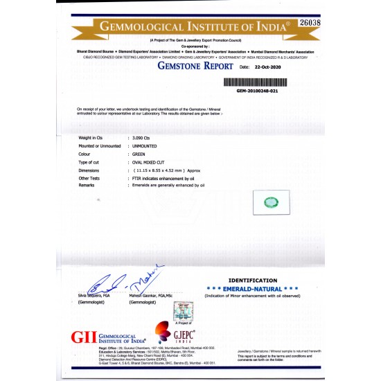 3.09 Ct GII Certified Untreated Natural Zambian Emerald Gems AAAA