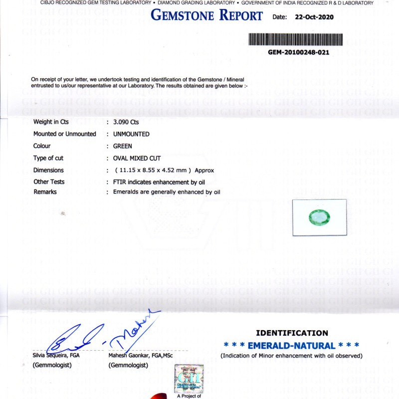 3.09 Ct GII Certified Untreated Natural Zambian Emerald Gems AAAA