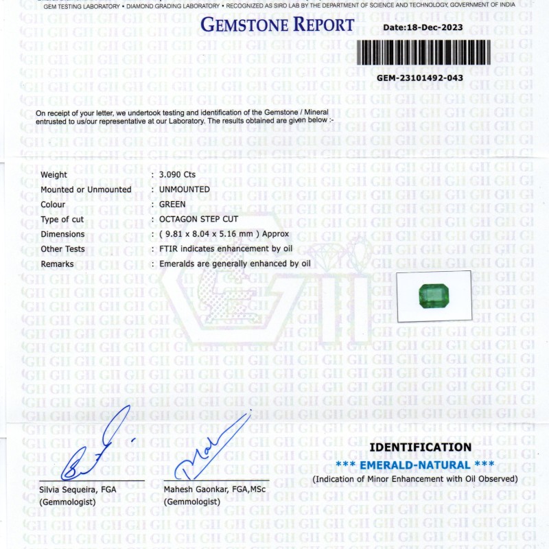 3.09 Ct GII Certified Untreated Natural Zambian Emerald Panna AAA