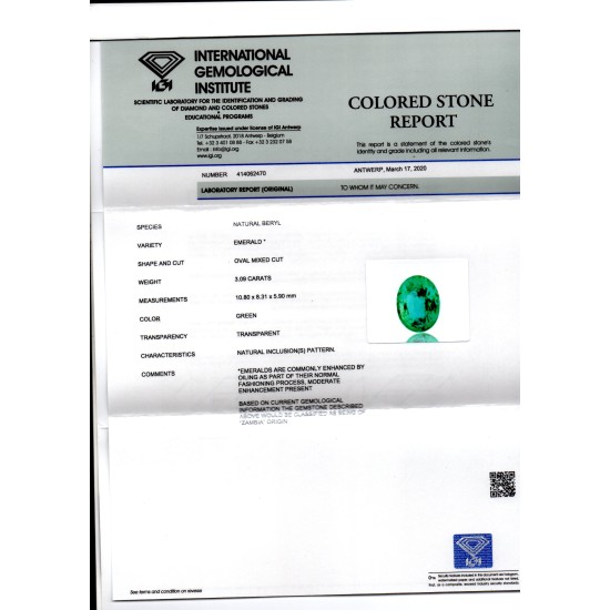3.09 Ct IGI Certified Untreated Natural Zambian Emerald Gems AAA