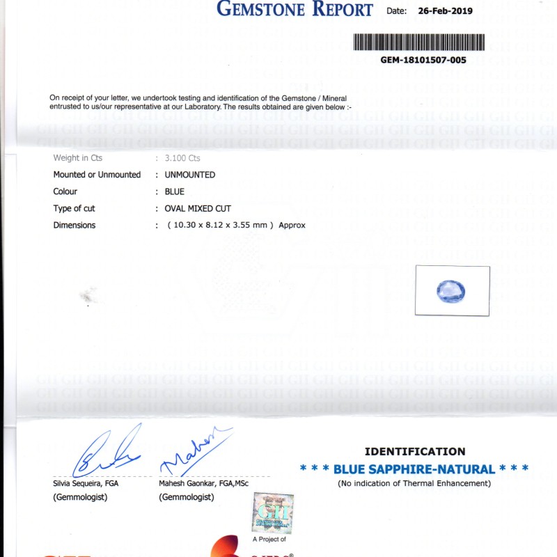 3.10 Ct GII Certified Unheated Untreated Natural Ceylon Blue Sapphire 3.10 Ct GII Certified Unheated Untreated Natural Ceylon Blue Sapphire