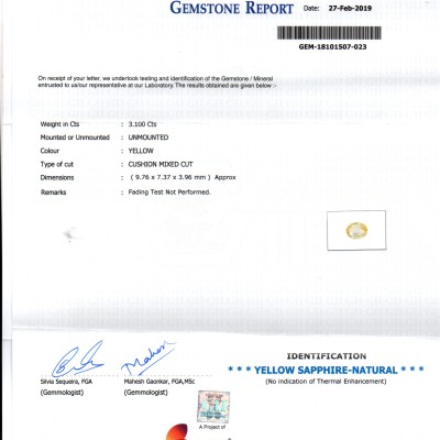 3.10 Ct GII Certified Unheated Untreated Natural Ceylon Yellow Sapphire