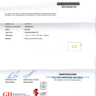 3.10 Ct GII Certified Unheated Untreated Natural Ceylon Yellow Sapphire 3.10 Ct GII Certified Unheated Untreated Natural Ceylon Yellow Sapphire