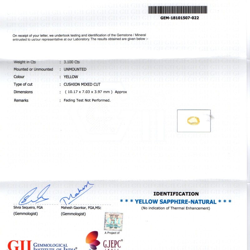 3.10 Ct GII Certified Unheated Untreated Natural Ceylon Yellow Sapphire 3.10 Ct GII Certified Unheated Untreated Natural Ceylon Yellow Sapphire