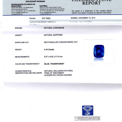 3.10 Ct Rare Exclusive Kashmir/Jammu Blue Sapphire **IGI Certified** 3.10 Ct Rare Exclusive Kashmir/Jammu Blue Sapphire **IGI Certified**