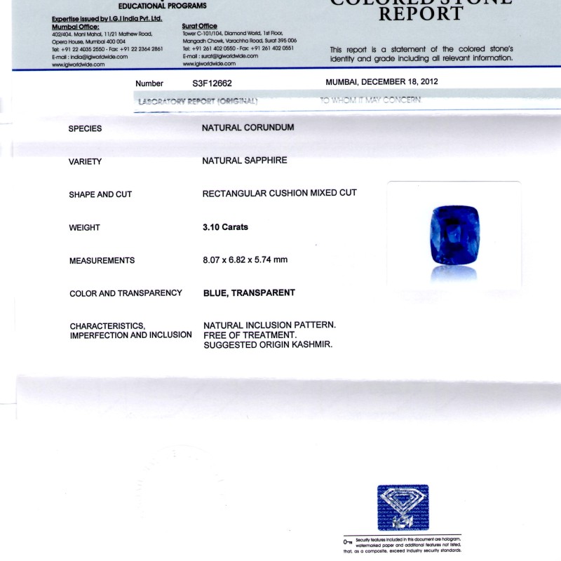 3.10 Ct Rare Exclusive Kashmir/Jammu Blue Sapphire **IGI Certified** 3.10 Ct Rare Exclusive Kashmir/Jammu Blue Sapphire **IGI Certified**