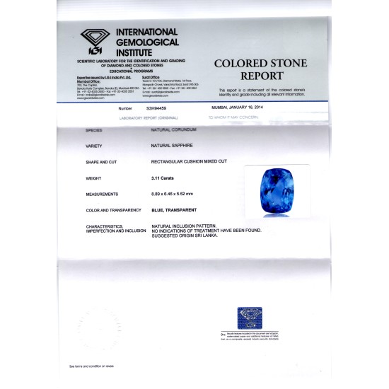 3.11 Ct IGI Certified Unheated Untreated Natural Ceylon Blue Sapphire